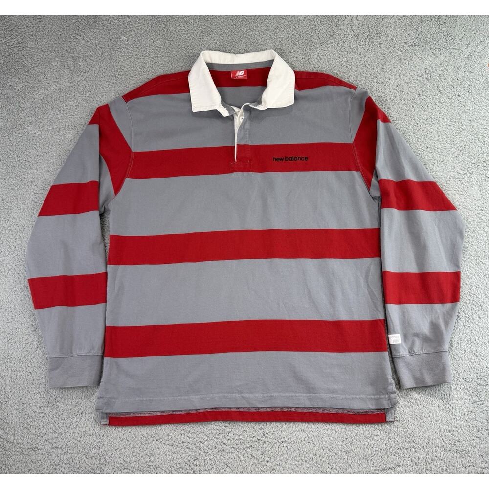 New Balance Sportswear Striped Grey Red Long Sleeve Polo Rugby Size Large